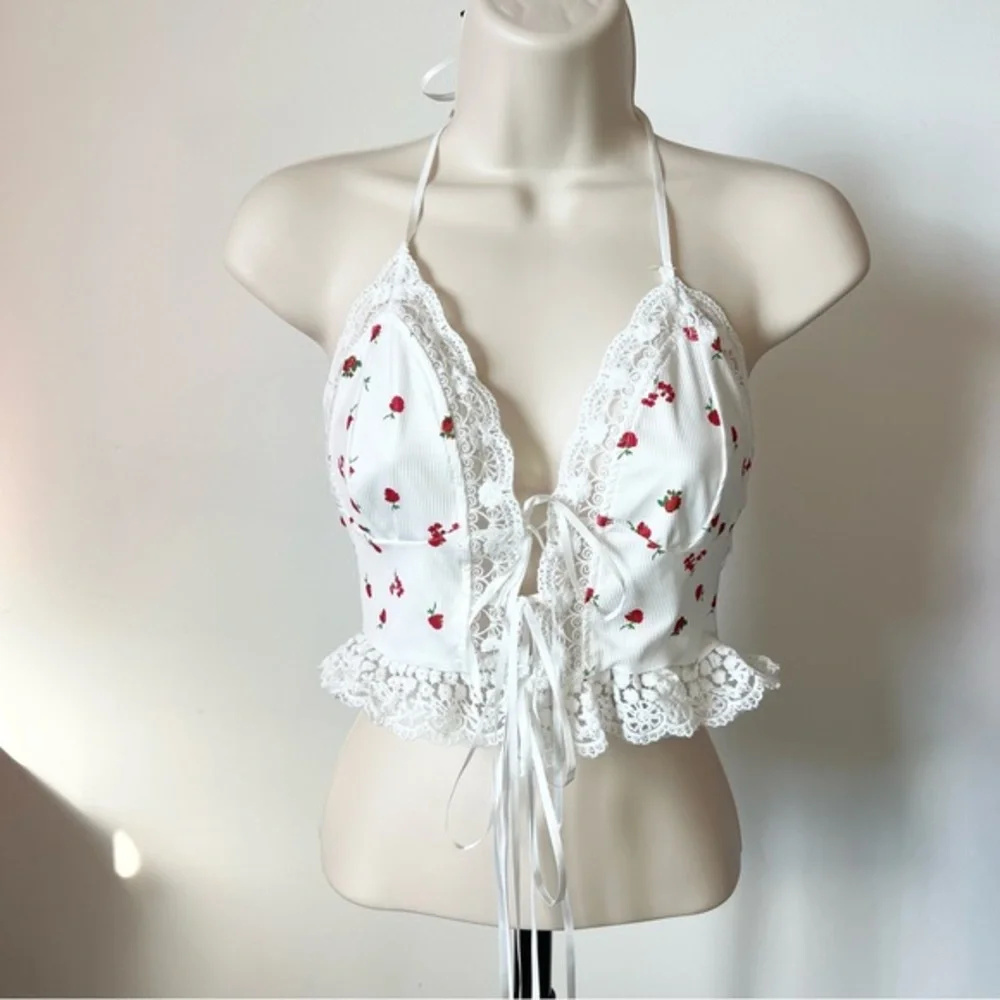 lace trim halter top white red rose adjustable ties SHEIN Size XS - Picture 1 of 8